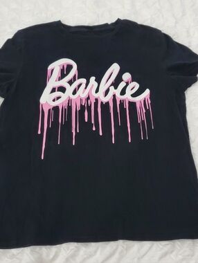 Barbie Black Tee with Pink Drip Script  Official Tee Sz S